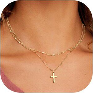 Layered Cross Necklace for Women 14K Gold Plated Sterling Silver Plated Choker N